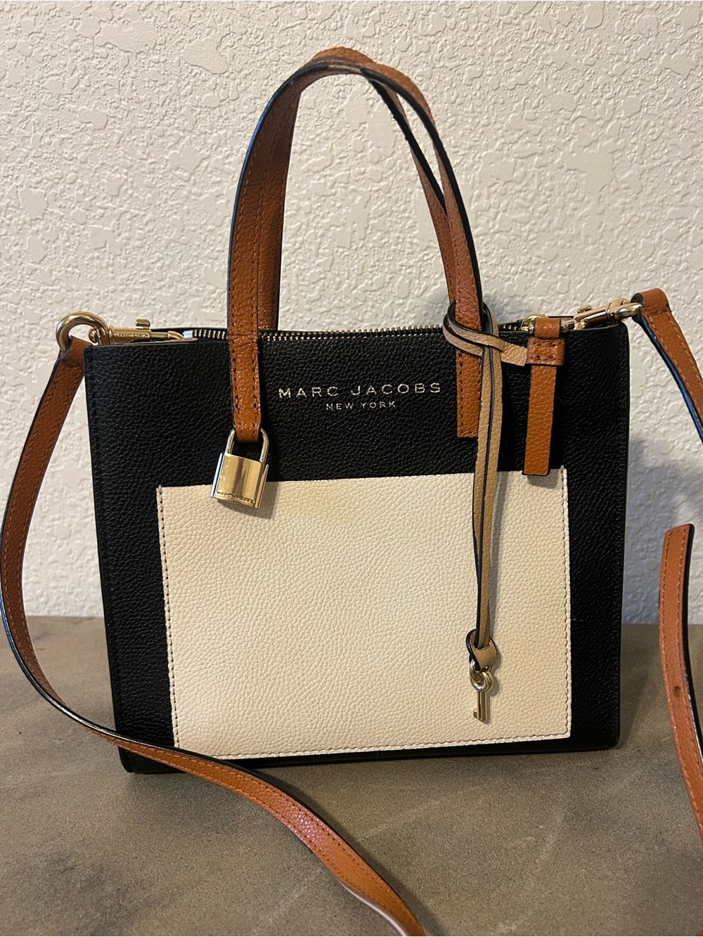 Marc Jacobs Grind Mini Black Tan Cream Colorblock Leather Tote Crossbody